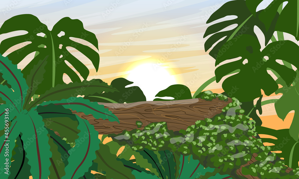 Branch of a tropical tree covered with moss. Jungle with Monstera and other exotic plants at sunset or sunrise. Realistic vector landscape