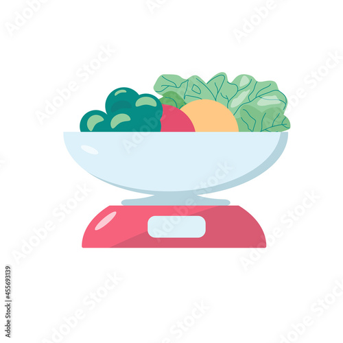 Kitchen scales with a bowl and vegetables, vector illustration isolated on a white background.