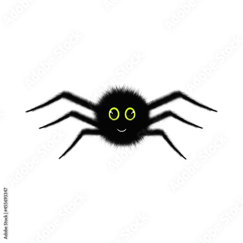 Cartoon black spider yellow and black eyes with its fine fur and white striped background