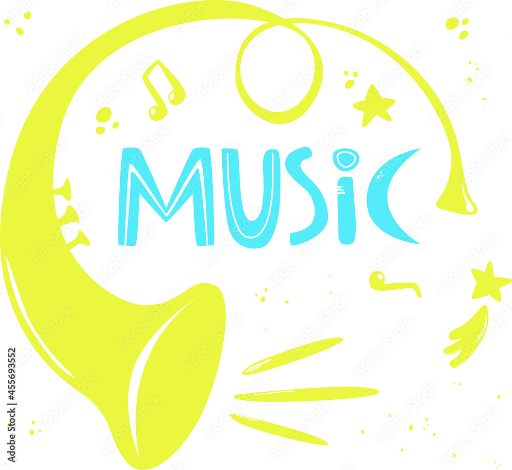 Fototapeta premium Vector illustration with a pipe and an inscription. A hand-drawn concept for banners and postcards. a picture for books, an album. children's bright illustration. star. musical instrument