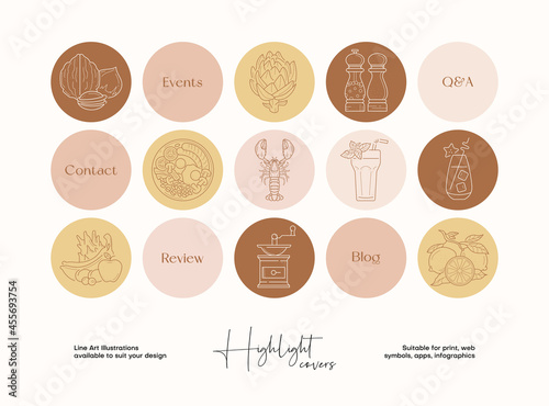 Hand drawn illustration set for social media highlight covers, brand identity, logo design