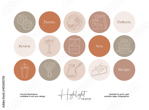 Hand drawn illustration set for social media highlight covers, brand identity, logo design