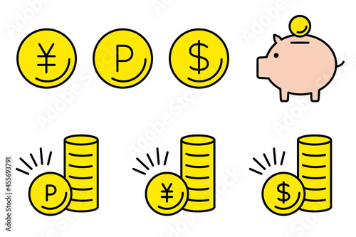 円・ポイント・ドルのコインとブタの貯金箱　資産運用 coin point dollar icon