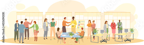 Birthday party in office flat vector illustration. Workers organize holiday, congratulate boss. Interaction, entertainment at workplace. Business team giving gifts balloonns and cake to colleague