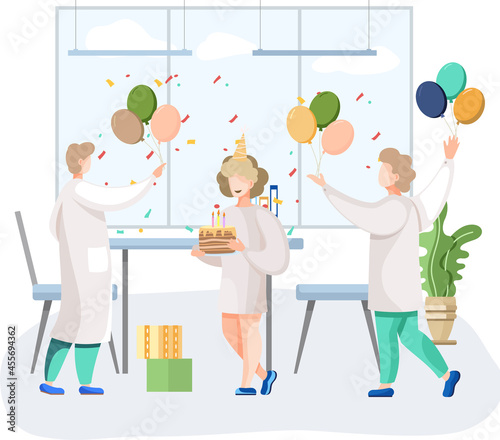 Birthday party in hospital, fun entertainment in medical office. Doctors organize holiday congratulate colleague. Interaction, entertainment at workplace. Team of medics giving gifts and cake