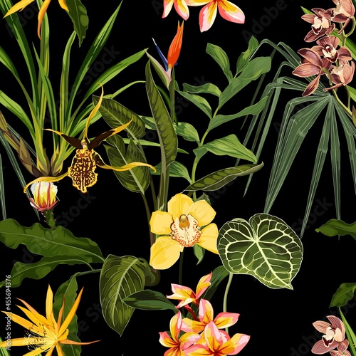 Bright seamless pattern with tropical yellow orhid flowers and leaves. Realistic style, hand drawn. Background for prints, fabric, invitation cards, wedding decoration, wallpapers. Black background.