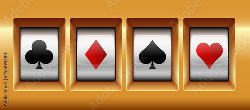 Slots casino jackpot with suits emblem modern light gold. Hearts, diamonds, clubs and spades on slot machine close up. Vector stock. photo