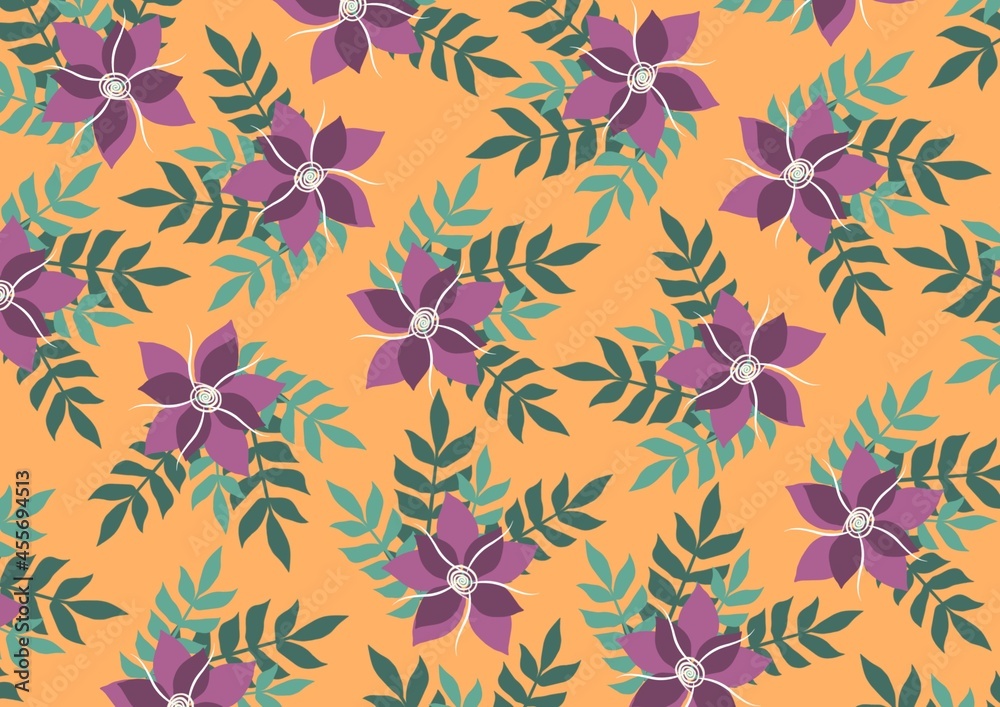 Pattern of flowers in purple on an orange background. Summer bright print of botanical flowers