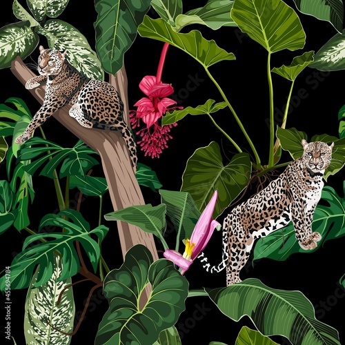 Colorful floral night pattern with tiger leopard sleeping on the tree and exotic tropical leaves illustration. Fashion ornament on black background.
