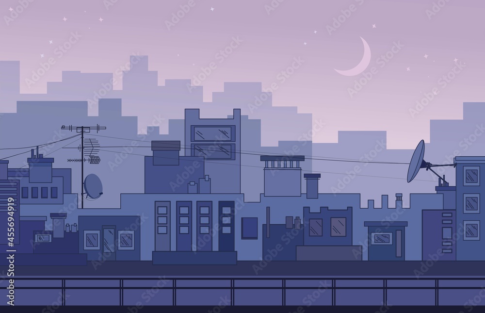 early morning , night city landscape, city at night, buildings in the city, background moon and houses, stylization of houses and buildings in blue and pink colors, high-rise buildings