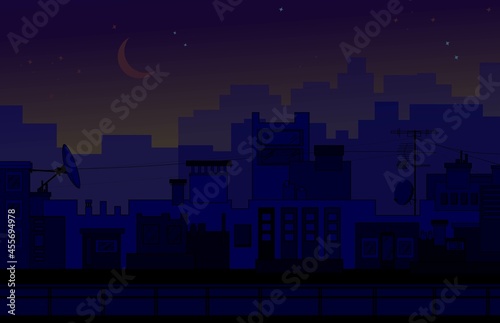 dark city, night city landscape, city at night, buildings in the city, background moon and houses, stylization of houses and buildings in blue and pink colors 