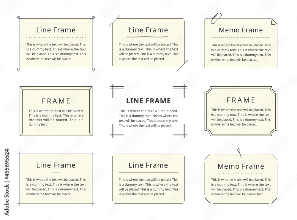 シンプルなフレームのイラストセット。テキスト背景　見出し　メッセージ（線画、淡い黄色）