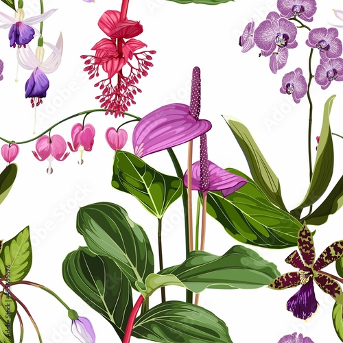 Anthurium, orchids and other flowers. Seamless floral pattern with violet glossy flowers and anthurium leaves. Tropical pattern on a white background.  #455695576