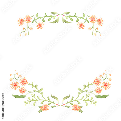 Watercolor floral wreath. Pastel hand-painted flowers create a circular shape frame.