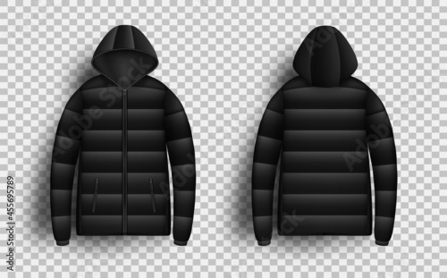 Black puffer jacket mockup set, vector isolated illustration. Realistic modern hooded down jacket, front and back view. photo
