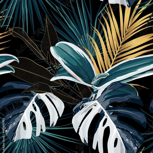 Tropical night vintage palm, banana, plant, golden leaves, floral seamless border black background. Exotic dark jungle wallpaper.