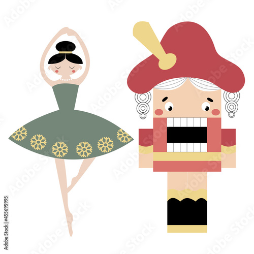 Vector cute Nutcracker and ballerina from a winter fairy tale. Funny flat style for holiday cards, posters for Merry Christmas, New Year