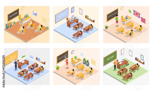 School education isometric with teacher and pupil at lesson. Learning process in classroom. High school isometric people composition with class room interior and characters of teacher and students