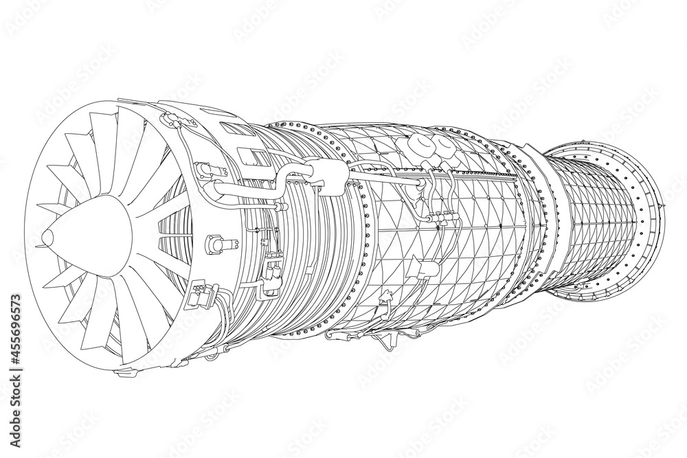 Detailed contour of an aircraft turbine from black lines isolated on a white background. Vector illustration