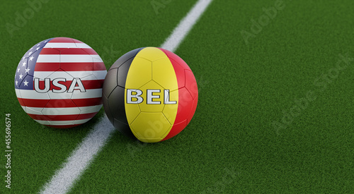 Belgium vs. USA Soccer Match - Leather balls in Belgium and USA national colors. 3D Rendering 