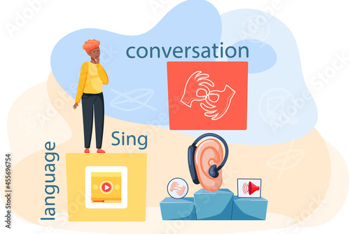 Sign language conversation modern teaching method. Education for people with disabilities. Webinar sign language training group for deaf and dumb people education via internet finger language session