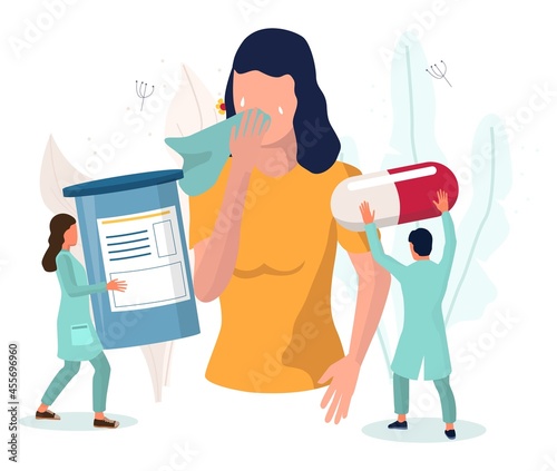 Woman suffering from runny nose, watery eyes, cough, vector illustration. Anaphylaxis. Allergy symptoms and treatment.