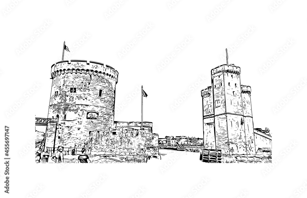 Building view with landmark of La Rochelle is the
city in France. Hand drawn sketch illustration in vector.