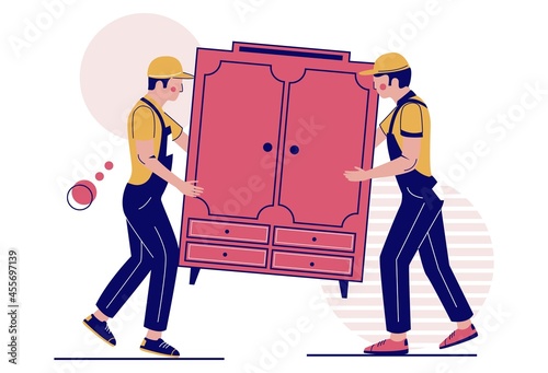 Two movers carrying closet, vector illustration. Relocation. Moving company service. Furniture delivery.