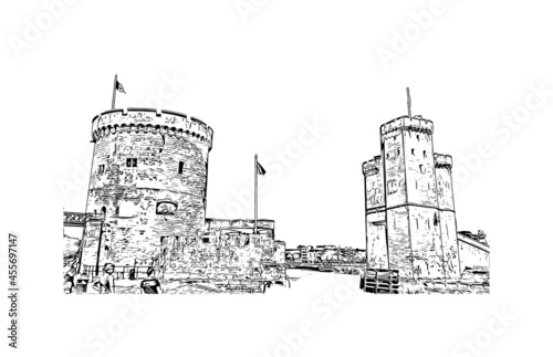 Obraz na płótnie Building view with landmark of La Rochelle is the
city in France. Hand drawn sketch illustration in vector. w salonie