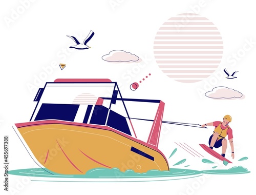 Man towed by motorboat riding wakeboard, vector illustration. Wakeboarding, extreme water sport and recreation. photo