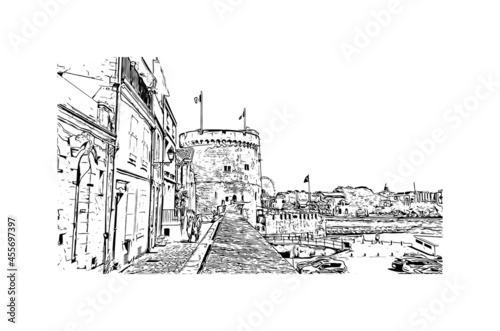 Building view with landmark of La Rochelle is the city in France. Hand drawn sketch illustration in vector.