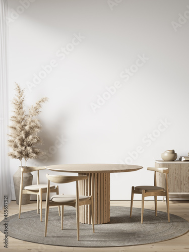 фотографія White interior with dining table, chairs and decor