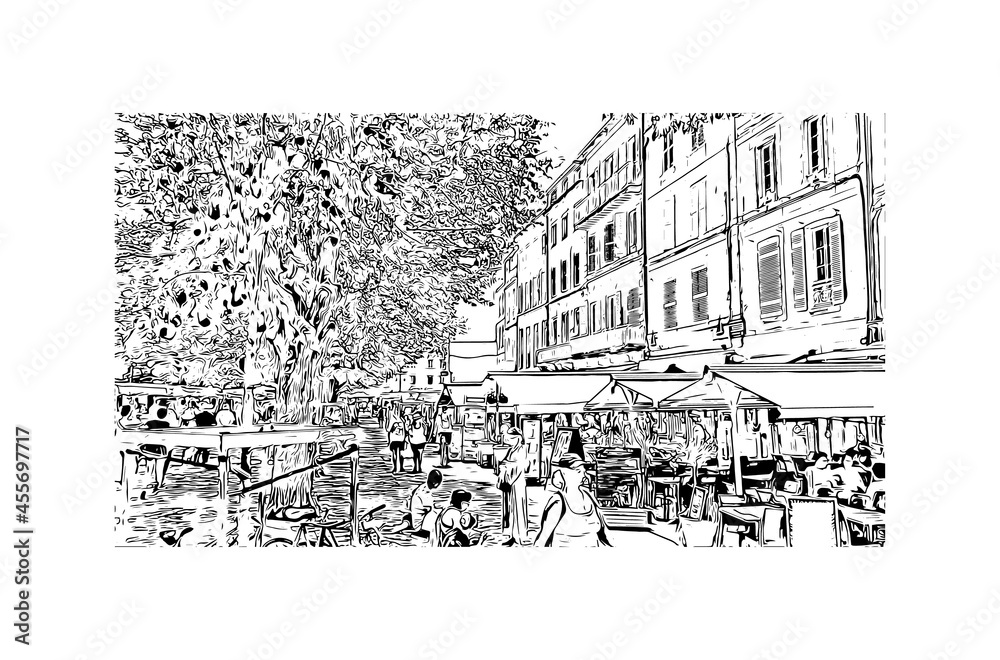 Building view with landmark of La Rochelle is the 
city in France. Hand drawn sketch illustration in vector.
