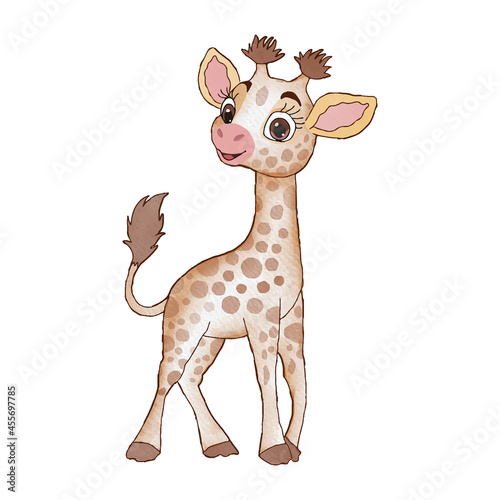Cute watercolor giraffe in a cartoon style hand-drawn illustration