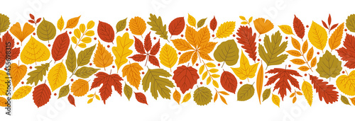 Autumn bright background with varied leaves in red, green, yellow, orange tones. Colorful fall ornament, the seamless motif on white. Banner template, vector illustration for websites, print, etc.
