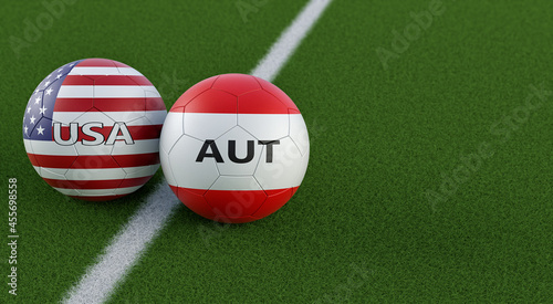 Austria vs. USA Soccer Match - Leather balls in Austria and USA national colors. 3D Rendering 