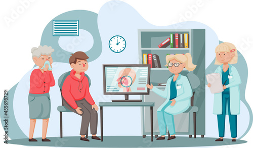 Otolaryngologist doctor with nose, ear and throat or ENT diagnostic and treatment instruments. Otology doctor with patient. Otorhinolaryngology healthcare medicine or otolaryngology diseases