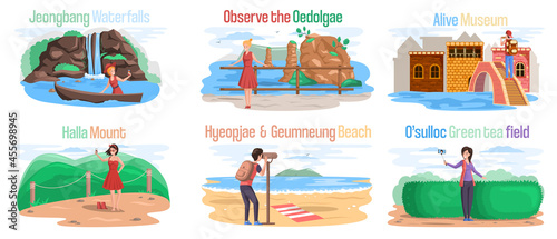 Set of tourist attractions at Jeju island in South Korea Hallasan mountaine. Oedolgae alive museum Jeongbang waterfall Osulloc green tea museum Hyeopjae Geumneung beach famous landmark of Jeju Island