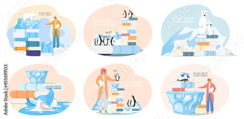 Set of illustrations on theme of climate change. Books, literature about animals during global warming. Girl points to astack of books about nature Animals ask for help due to global warming