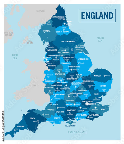 England country region political map. High detailed vector illustration with isolated provinces, departments, regions, counties, cities and states easy to ungroup.