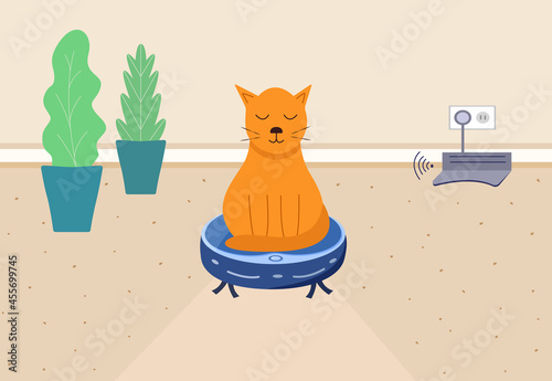 The cat is sitting on a robot vacuum cleaner. The interior of the room, the concept of home cleaning and automation of Household. Remote charging station. Vector illustration of a flat cartoon style.