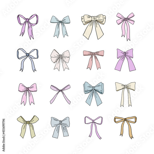 Vector collection of bows. Graphic illustration. Hand drawn color bows set.	