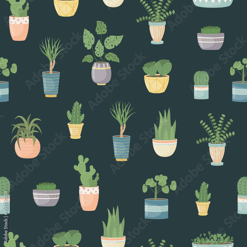 The seamless pattern with house plants in pots. Planting plants. Decorative plants in the interior of the house. Flat style.