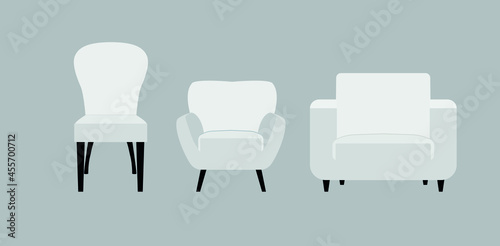 vector set of upholstered furniture. flat image of a gray chair and soft gray chairs with black legs
