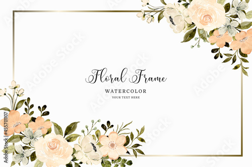 White peach floral watercolor with gold frame