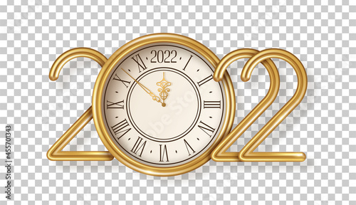 Happy New Year logo 2022 shining with gold vintage clock on transparent background. Vector illustration. Party countdown watch face. Christmas typography template for poster, flyer, brochure voucher