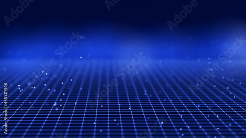 Digital landscape with dots and lines. Cyberspace grid. Background concept for your design. 3d