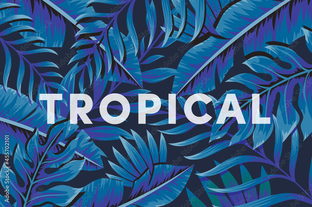 Fototapeta Trendy background with tropical plant and leaf. Tropic leaves background. Summer exotic floral tropical palm, banana leaves in blue style.