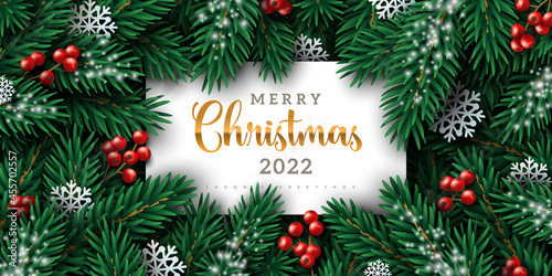 Merry Christmas and Happy New Year 2022 background with xmas tree branches, snowflakes, berries and frame with place for text. Vector illustration. Holiday flyer, sale voucher or party poster invite