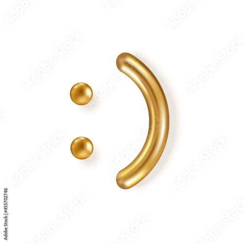Happy face 3d gold icon isolated on white. Vector illustration of satisfaction level. Smiley emoji, good line emotions symbol, smile expression, laugh sign for user experience and customer feedback